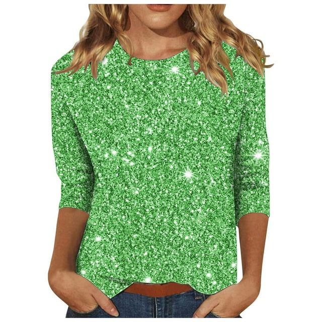 ZVAVZ Hauts d'Été Décontractés pour Femmes, Chandail Imprimé Mode pour Femmes, T-Shirts à Manches 3/4 Col Rond, T-Shirts Graphiques pour Femmes en Solde Vert, m