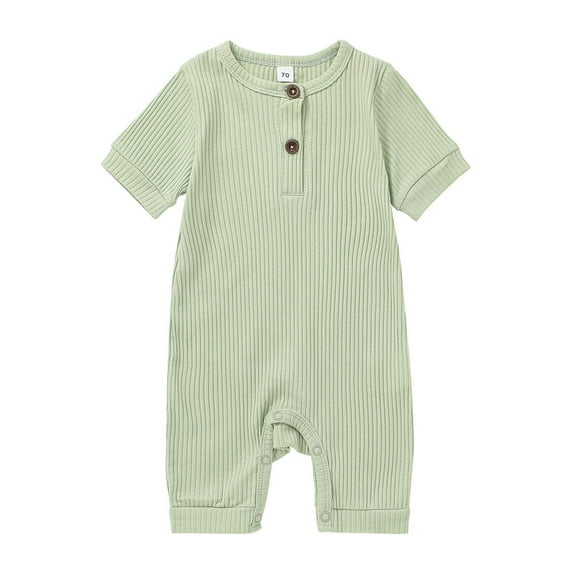 Musuos Newborn Baby Short Sleeve Romper 3 6 9 12 18M Knit Ribbed Solid Color Cotton O-Neck Button Jumpsuits