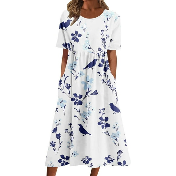 Staron Clearance Summer Dresses for Women 2025 Floral Print Loose Flowy Holiday Short Sleeve Dresses with Pockets Casual Spring A Line Crew Neck Boho Midi Dress White XXL