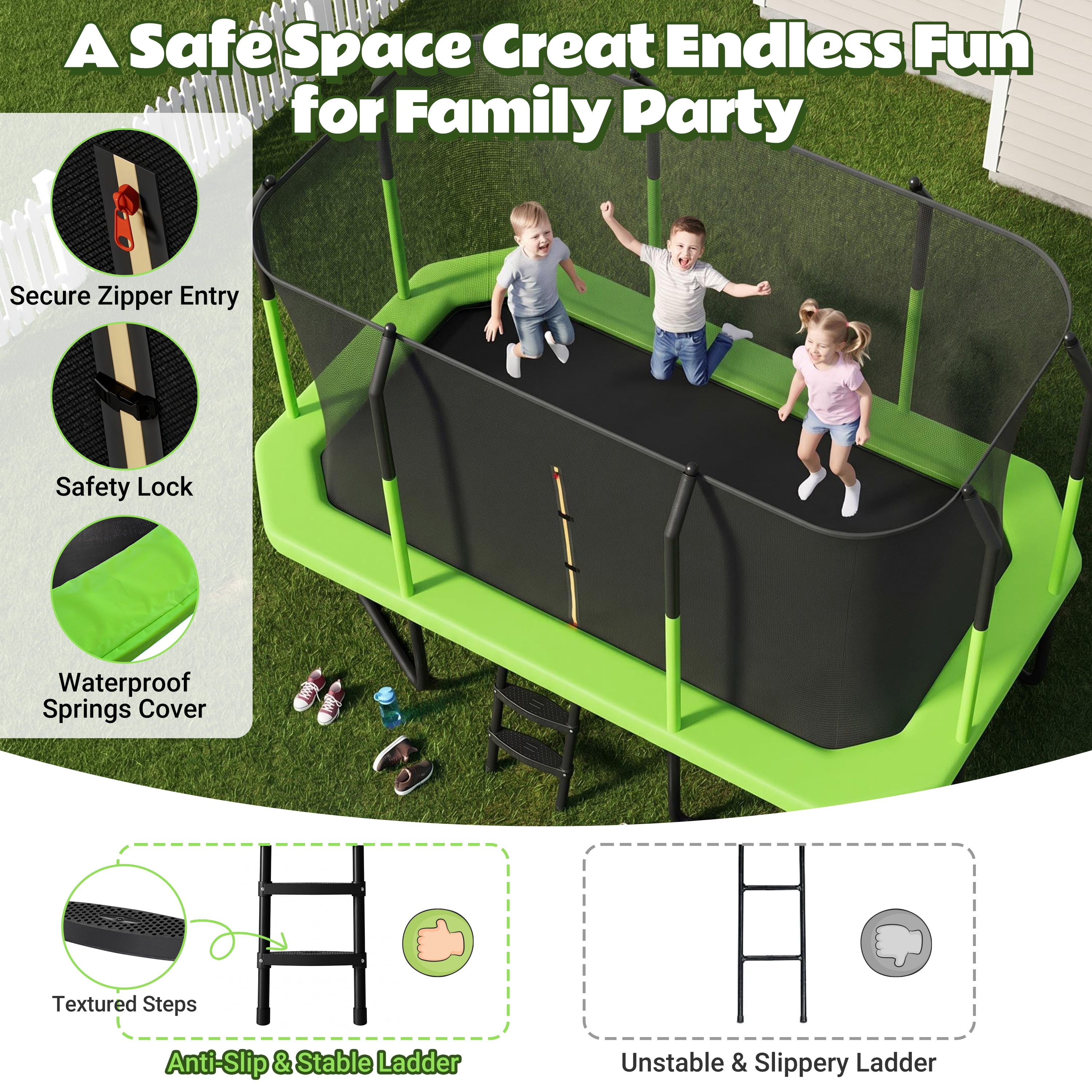 EUROCO 8X14FT Large Rectangle Outdoor Trampoline with Weather-Resistant Enclosure Net and Ladder, Maximum Load Capacity Backyard Jump Pad for Family