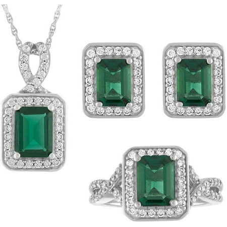 Emerald with CZ Accents Sterling Silver Earring, Pendant and Ring Set, 18, 3-Piece