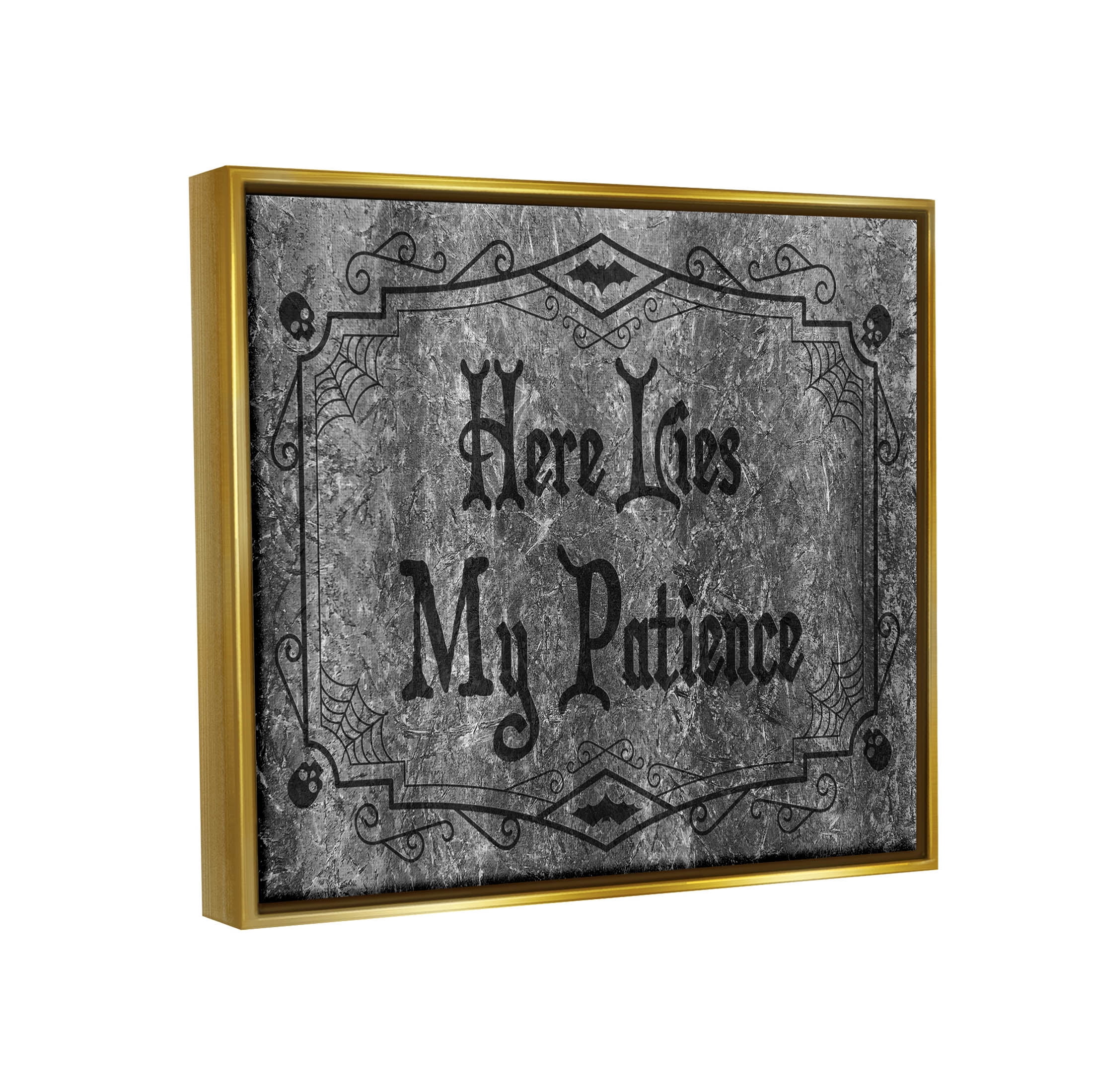 Stupell Industries Here Lies My Patience Tombstone Graphic Art Metallic Gold Floating Framed Canvas Print Wall Art, Design by Lil' Rue