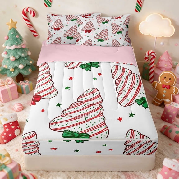 Manfei Christmas Tree Zipper Twin Comforter Sets with Fitted Sheet and 2 Pillowcases Holiday Zipper Bedding Set, Pink White, Pink Reversible