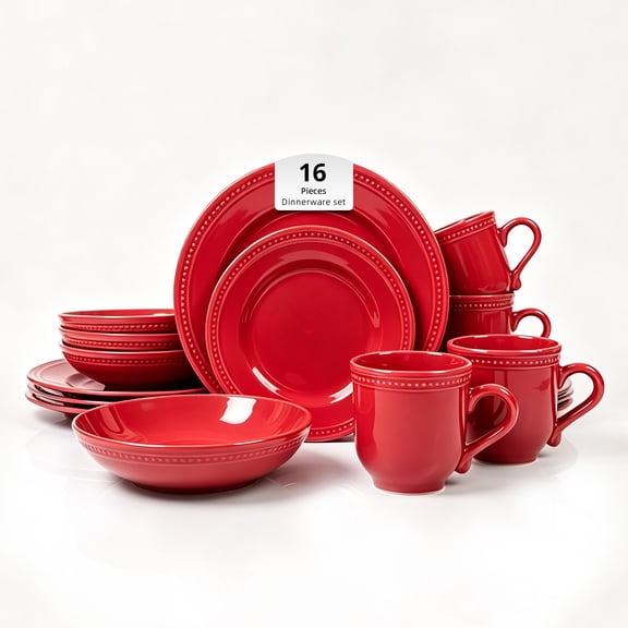 HomeVss, Pearl Dots Stoneware Dinnerware Set(16pc Set, Red)