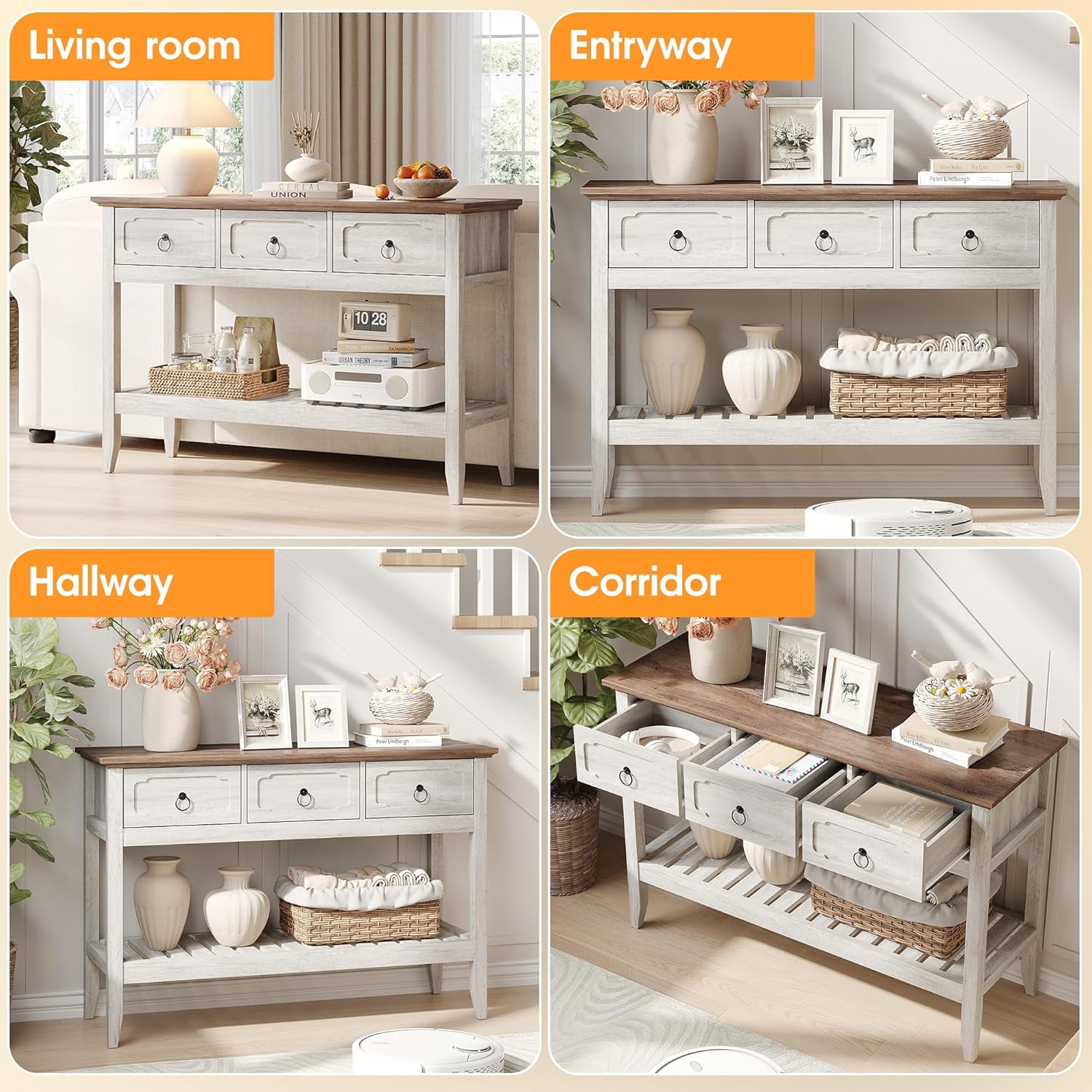 VEANERWOOD Farmhouse Entryway Table with 3 Drawers, 2-Tier Console Table with Storage for Entryway Living Room