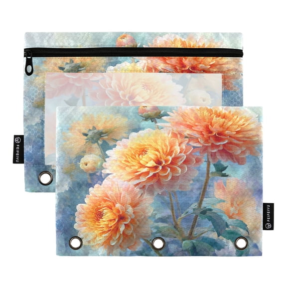 2 Pack 3 Ring Binder Pouch with Clear PVC Window Water Resistant Zipper Pencil Pouch Orange Chrysanthemums Pattern Binder Pocket for Classroom Office Home Stationery Organization