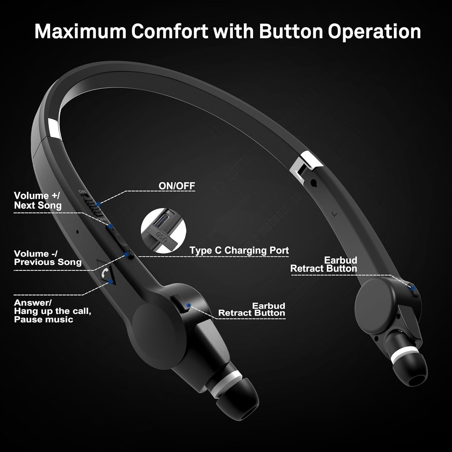 Foldable Bluetooth Neckband Headphones, Wireless Sports Headset with Retractable Earbuds, Sweatproof Noise Cancelling Stereo Earphones with Built-in Mic for Running, Workout (Deep Black)