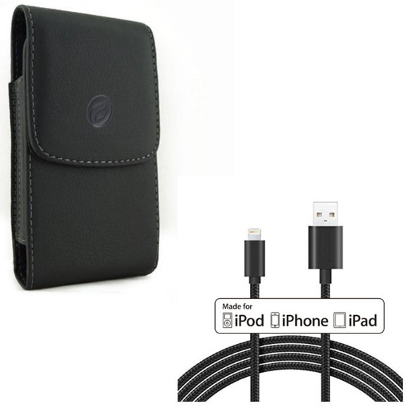 Leather Case Belt Clip w 6ft MFi USB Cable for iPhone XS Max/8 PLUS/7 Plus/6S Plus/6 Plus - Holster Cover Pouch Vertical Carry and Certified Charger Cord Power Wire Braided