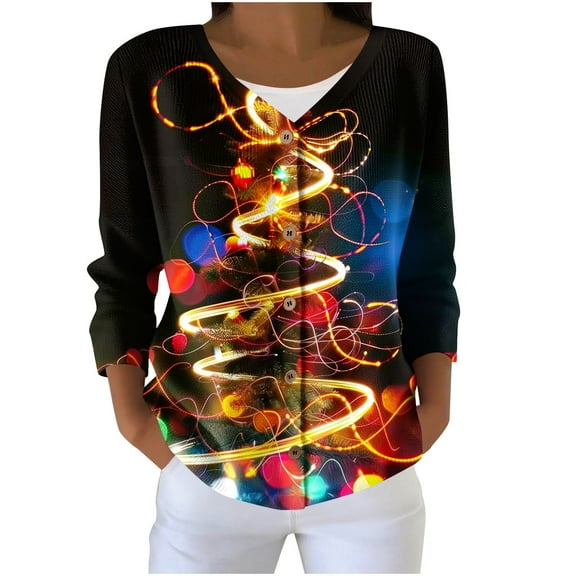 Nfurl Womens Plus Size Christmas Cardigans Sweaters 2025 Trendy Christmas Graphic Knit Jackets Loose Fit Button Up Cardigan Black L