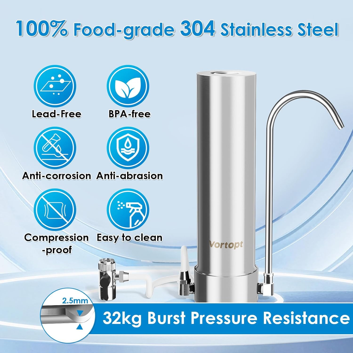 Vortopt F7 100% Stainless Steel Countertop Water Filter System, 5-Stage Faucet Water Filter, Removes 99% of Chlorine, Heavy Metals, Water Sediment Filter, 8000 Gallons Capacity (1 Filter Included)