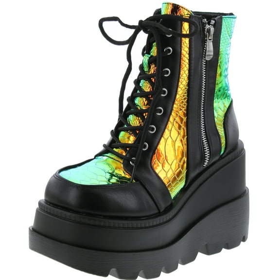 Cape Robbin Radio Holographic Platform Ankle Boots with Chunky Block Heels for Women