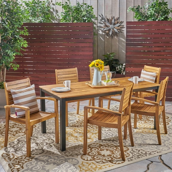 Noble House Barstow 7 Piece Wood Top Patio Dining Set in Teak