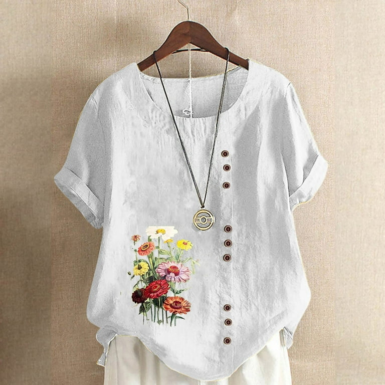 KIJBLAE Summer Shirts for Women Comfy Casual Loose Blouses Flower Print  Tops Cotton Linen Button Clothes for Girls Short Sleeve Tees Crewneck  T-shirt