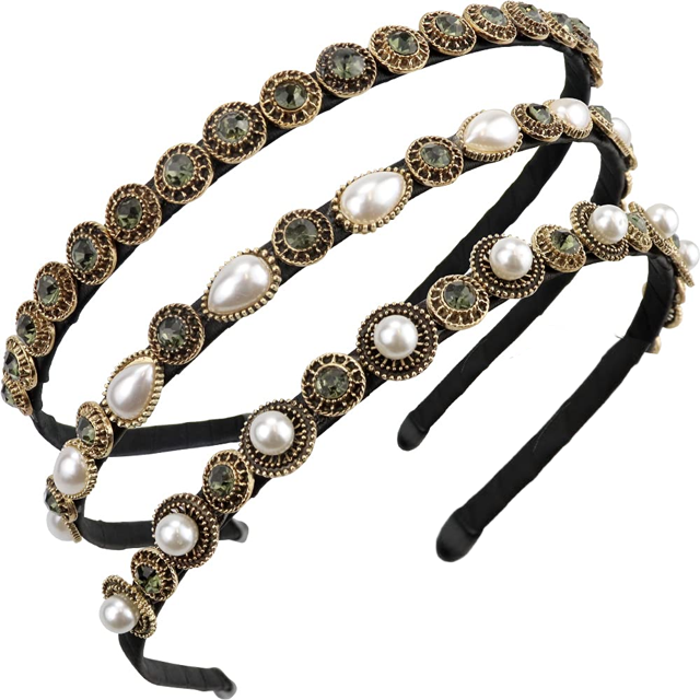 Diademas finas con perlas y diamantes de imitación, diademas elásticas con aro de Metal envuelto en tela para el pelo, tocado barroco, 3 uds.
