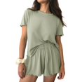 thumbnail image 2 of felwors Womens Pajamas 2 Piece Ribbed Knit Pjs Short Sleeve Sleepwear Set Summer Soft Pajamas Set Casual Lounge Sets Light Green, L, 2 of 5