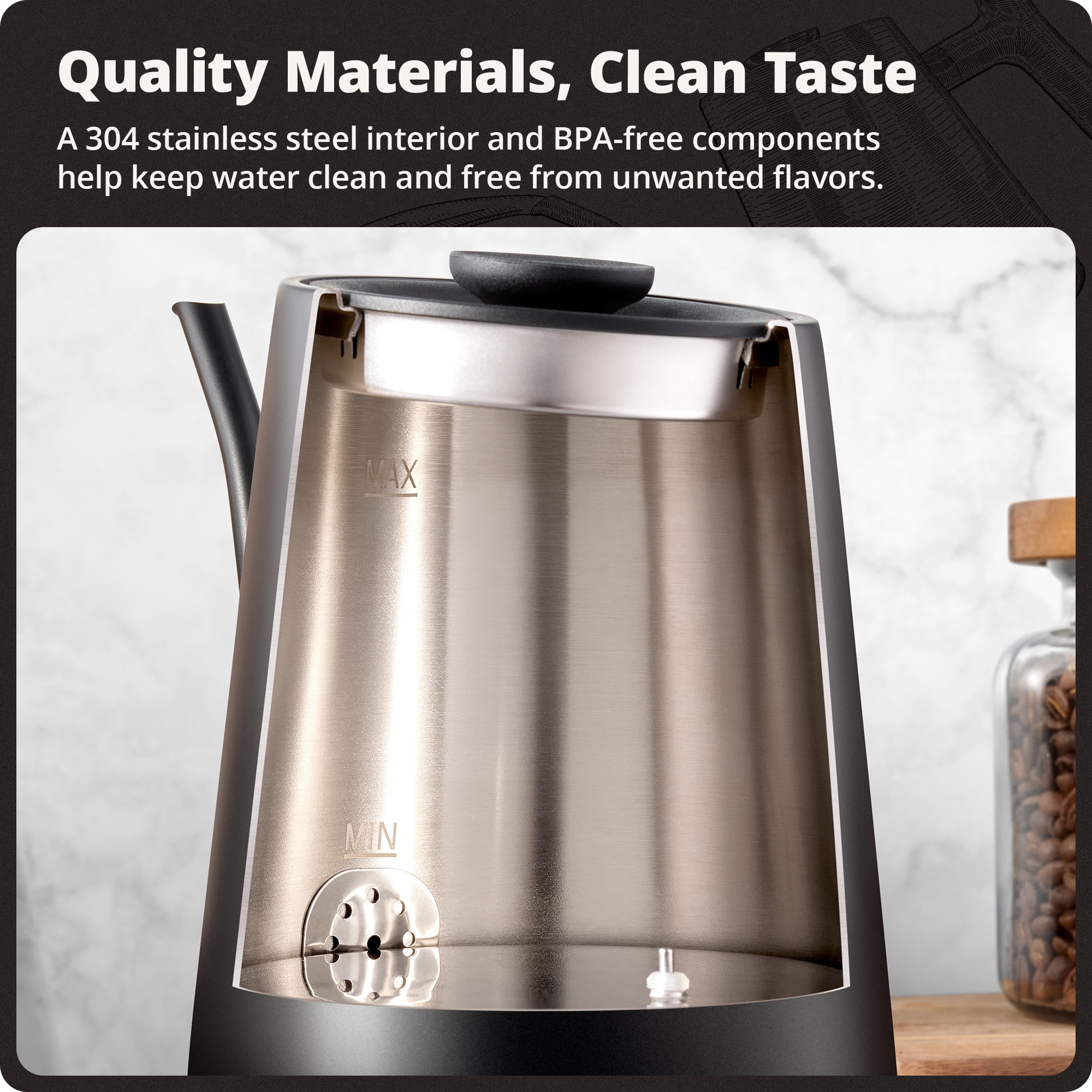 Greater Goods 0.8L Electric Gooseneck Kettle, Variable Temp Control, 1200W Fast Boil, Pour Over Coffee & Tea Kettle, Stainless Steel, BPA Free, Onyx Black