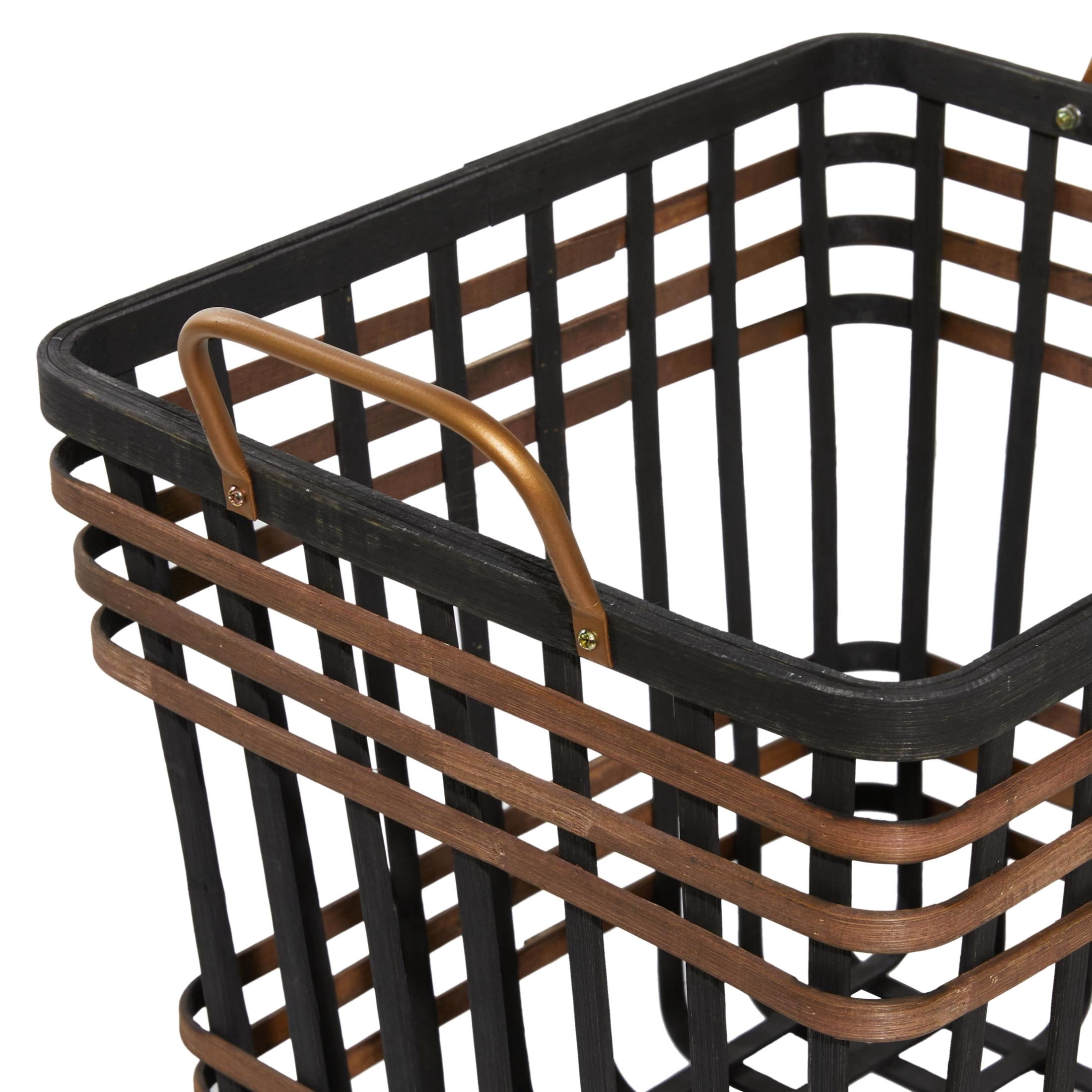 DecMode 14", 24"W Black Bamboo Wood Open Frame Square Storage Basket with Brown Accents, 2-Pieces