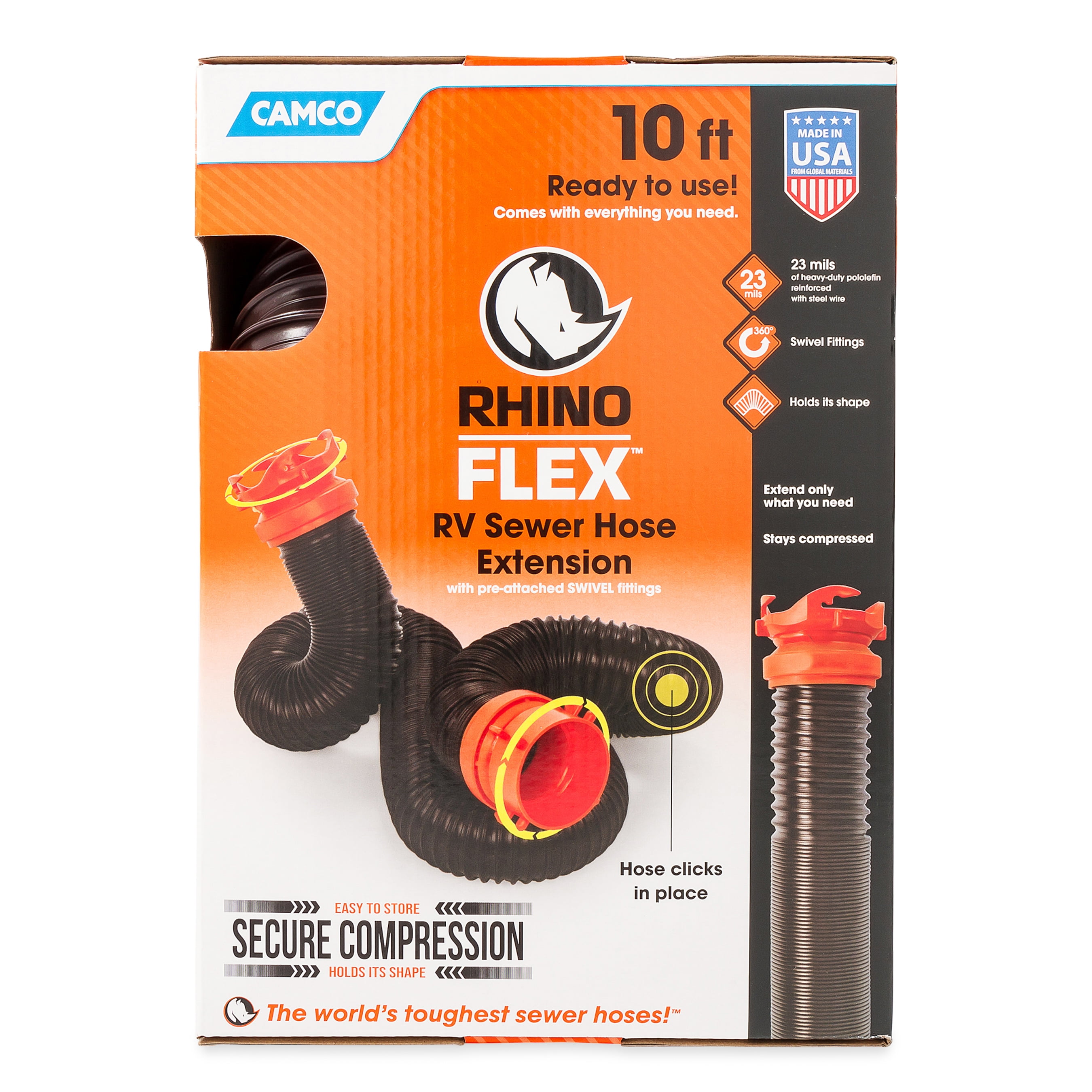 Camco RhinoFLEX 10' RV Sewer Hose Extension, 23 mi of Polyolefin, Black (39763)