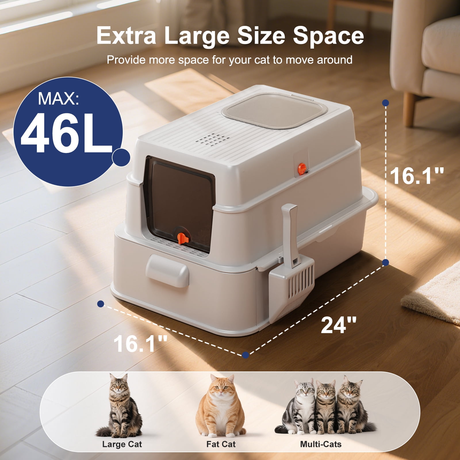 Stainless Steel Cat Litter Box with Lid, Foldable Enclosed Litter Box, Extra Large Metal Litter Box with Scoop and Mat, 24"*16.1"*16.1", Silver Gray