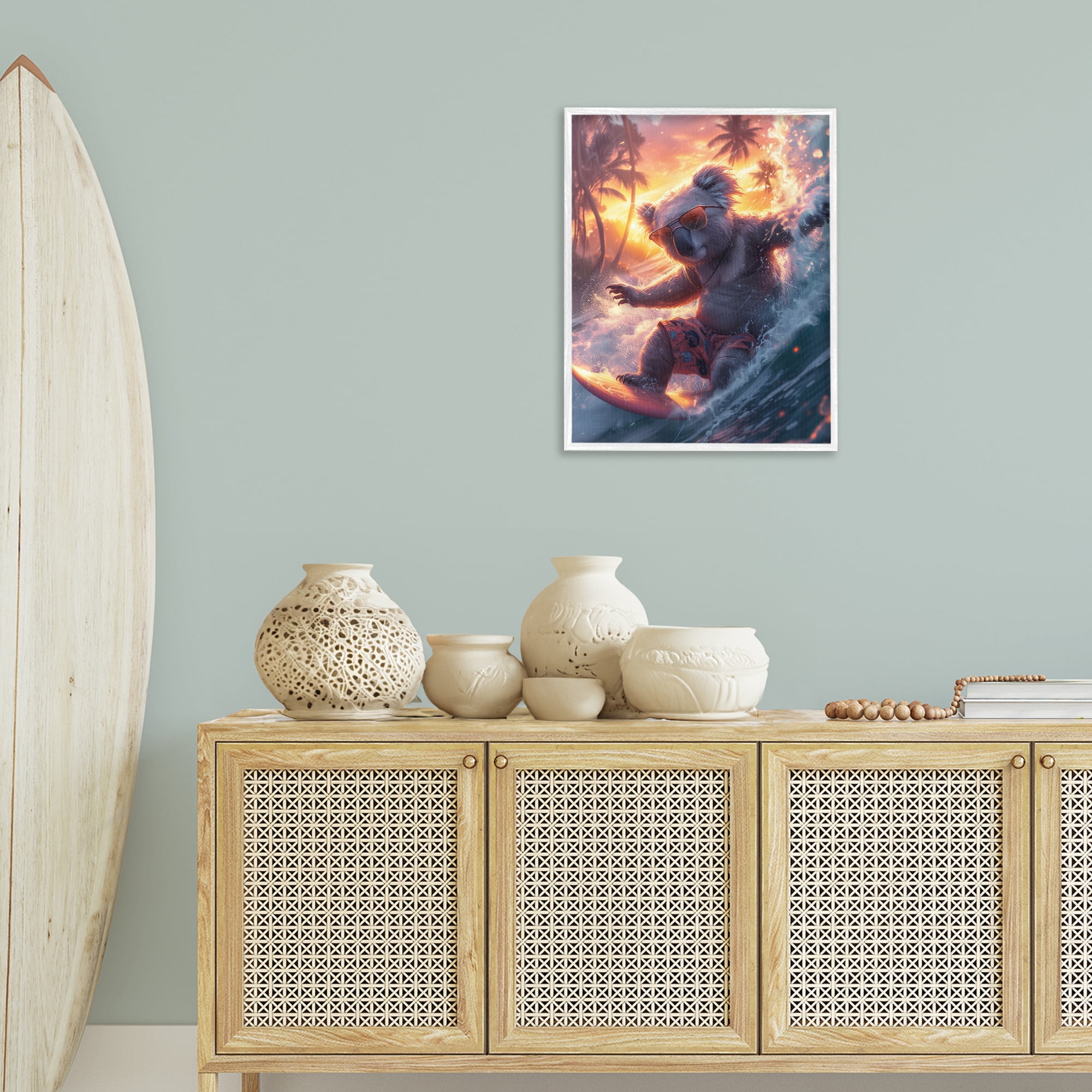 Stupell Industries Surfing Tropical Koala Coastal Painting White Framed Art Print Wall Art, 24 x 30