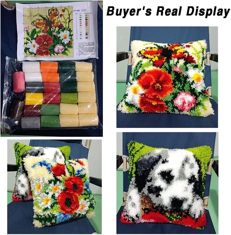 Colorful Feather Latch Hook Pillow Kits for Beginner Needle Crochet Yarn Kits with Stamped Canvas Embroidery Cushion Hook and Latch Throw Pillow Home Sofa Decoration 43x43cm