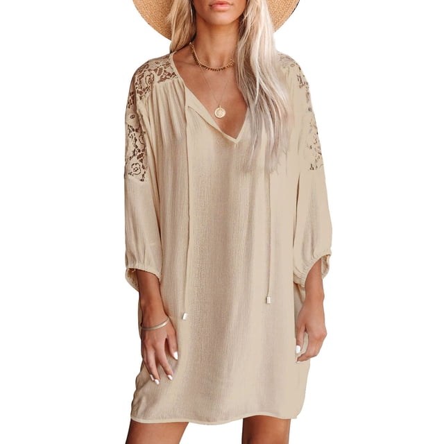 Vestido Corto Con Cuello En V De Verano Vestido Corto Informal De Verano Vestido Corto Informal Mujeres V Cuello Vestido Encaje Tres Cuartos Mangas Cintura Suelta Verano Casual ANGGREK Caqui S