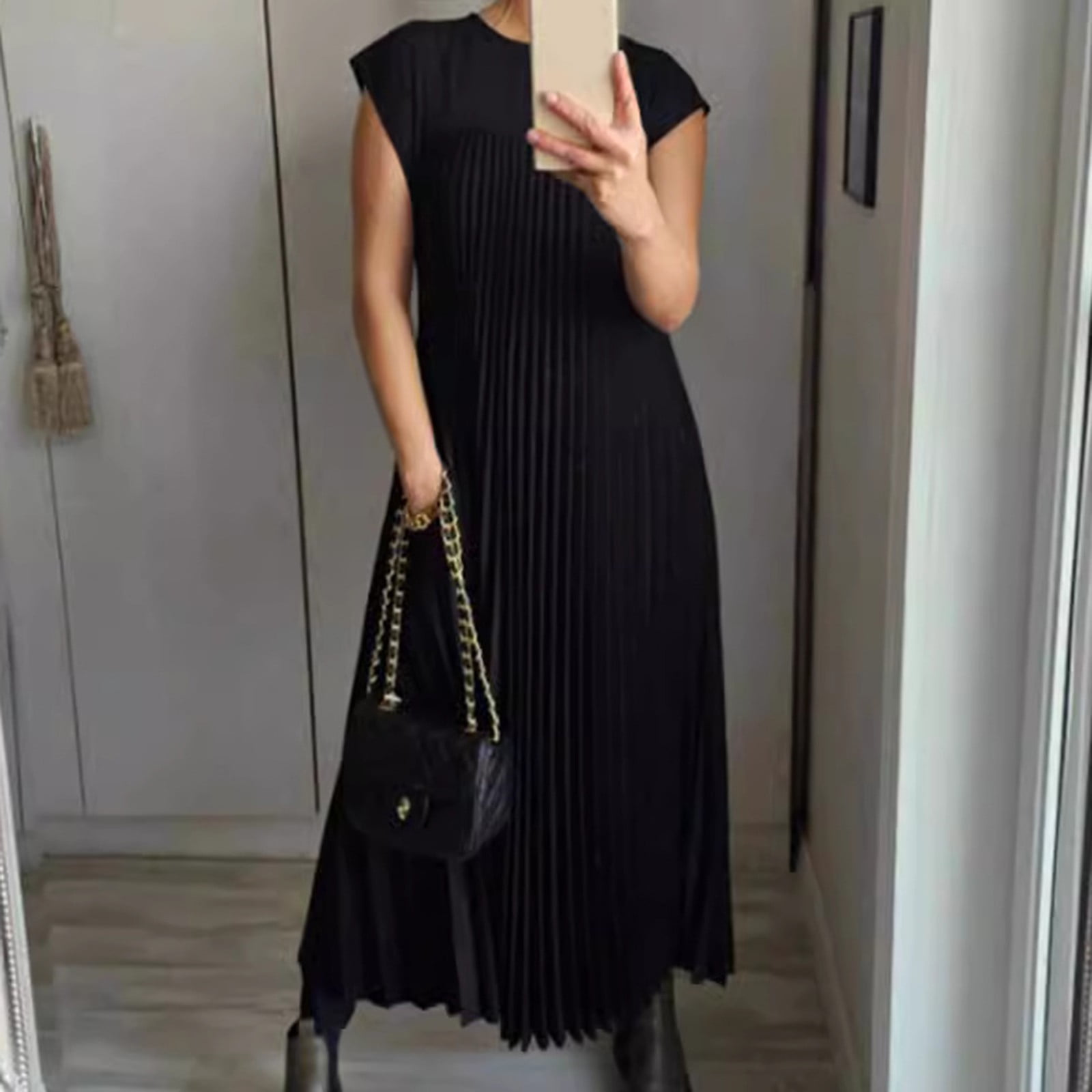 Women 2024 Fashion Casual Spring And Autumn Round Neck Sleeveless Pleated Dress Women's Long Casual Dresses Drawstring Dresses for Women Vintage Dress for Women Athletic Dress for Women Womens Long