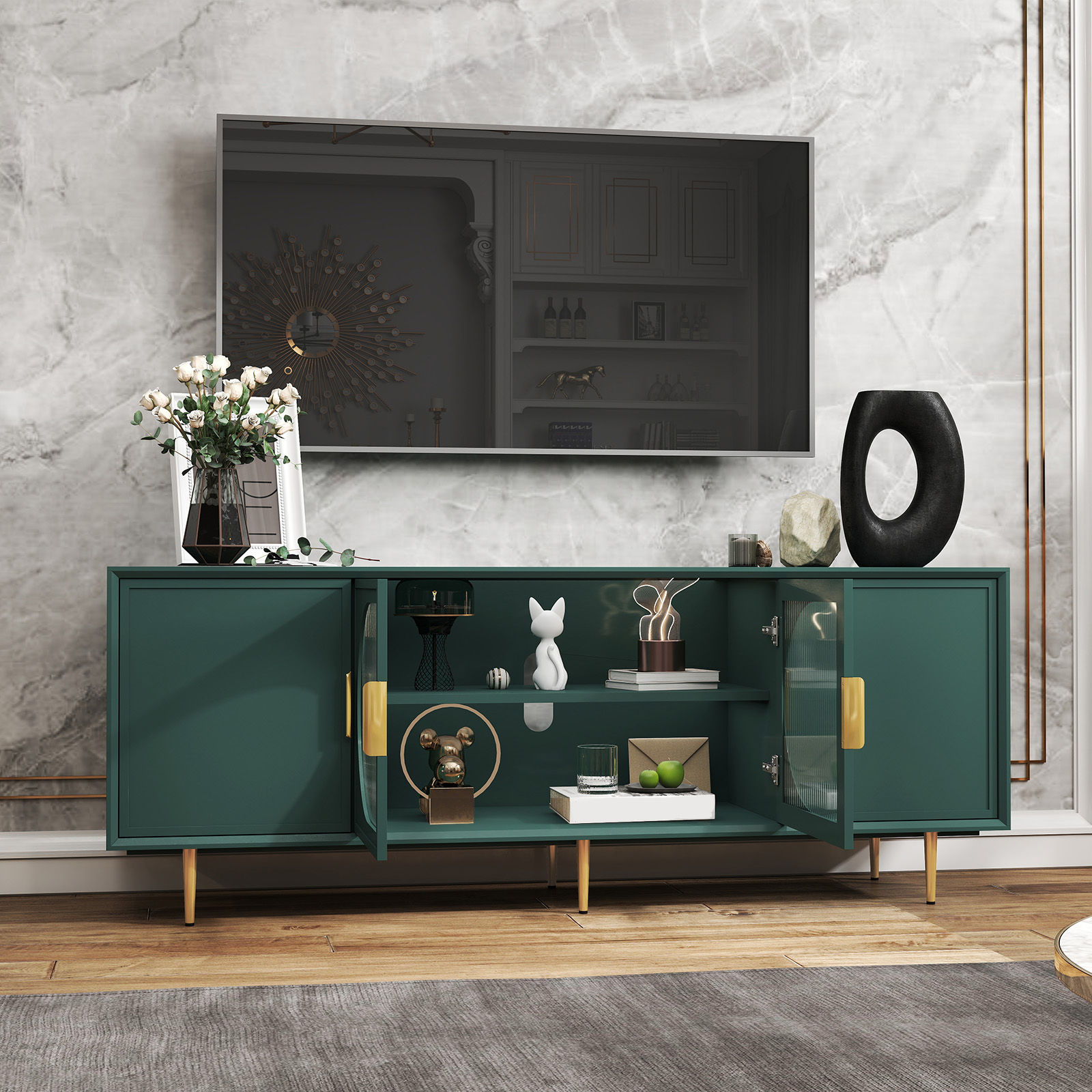 HLR 66" Modern TV Stand with Glass Storage, Green photo 3
