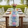thumbnail image 4 of Blue Pink Hydrangea 120 Inch Table Runner, Eucalyptus Leaves Wooden Summer Botanical Farmhouse Dresser Scarf Cotton & Linen Tablerunner for Dining/Kitchen Island/Holiday Party Décor 13" x 120", 4 of 9