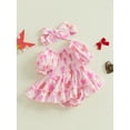 thumbnail image 4 of Newborn Baby Girl Summer Outfit Puff Sleeve Flower/Bow/Cherry Print Ruched Romper Dress with Headband Cute Clothes 0-18M, 4 of 8