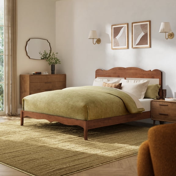Alpha Joy King Size Wood Platform Bed Frame with Wooven Rattan Adjustable Headboard & Wooden Slats,No Box Spring Needed