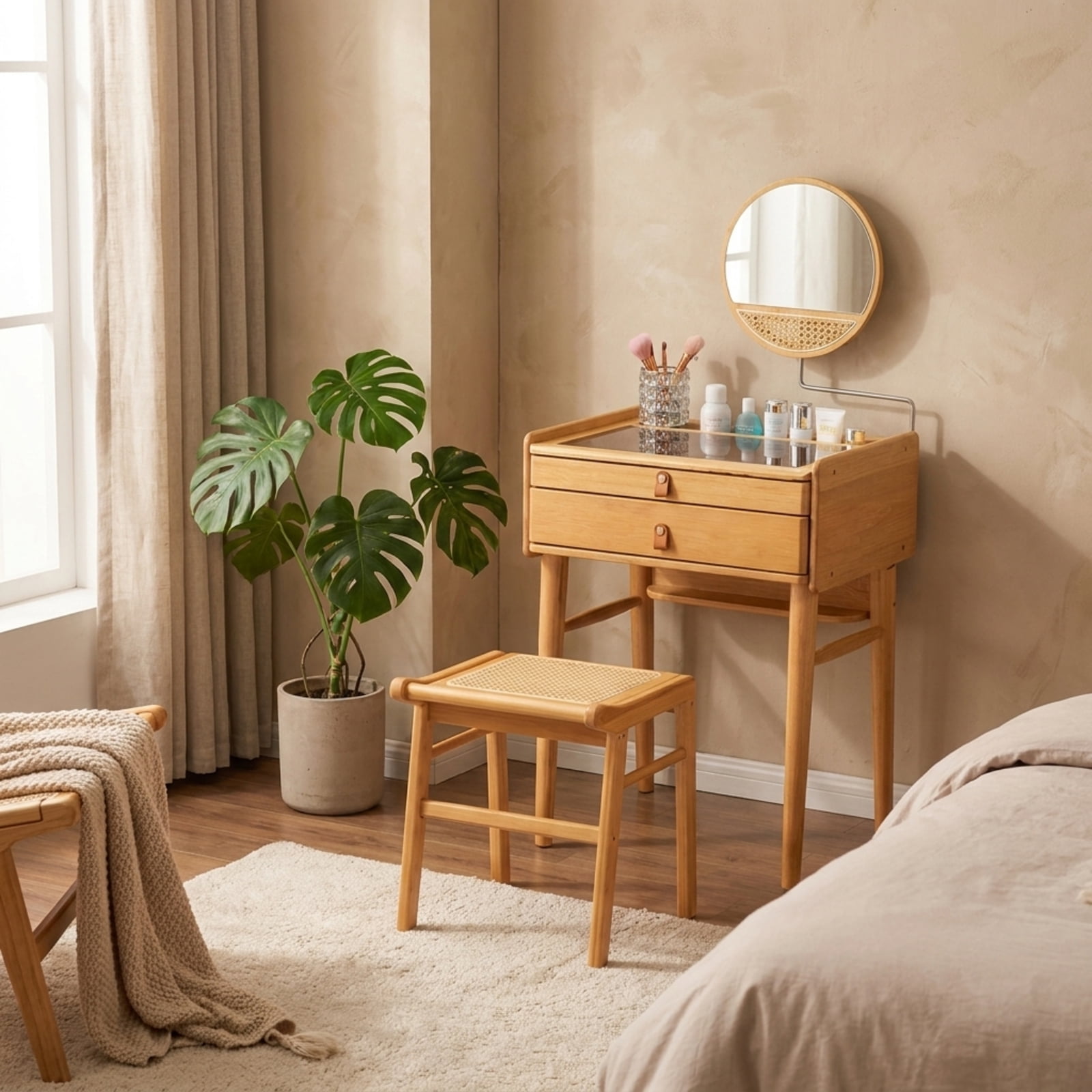Furnibear Bamboo Makeup Vanity Table with Stool and 360-Degree Rotating Mirror for the Bedroom Makeup Room, Natural