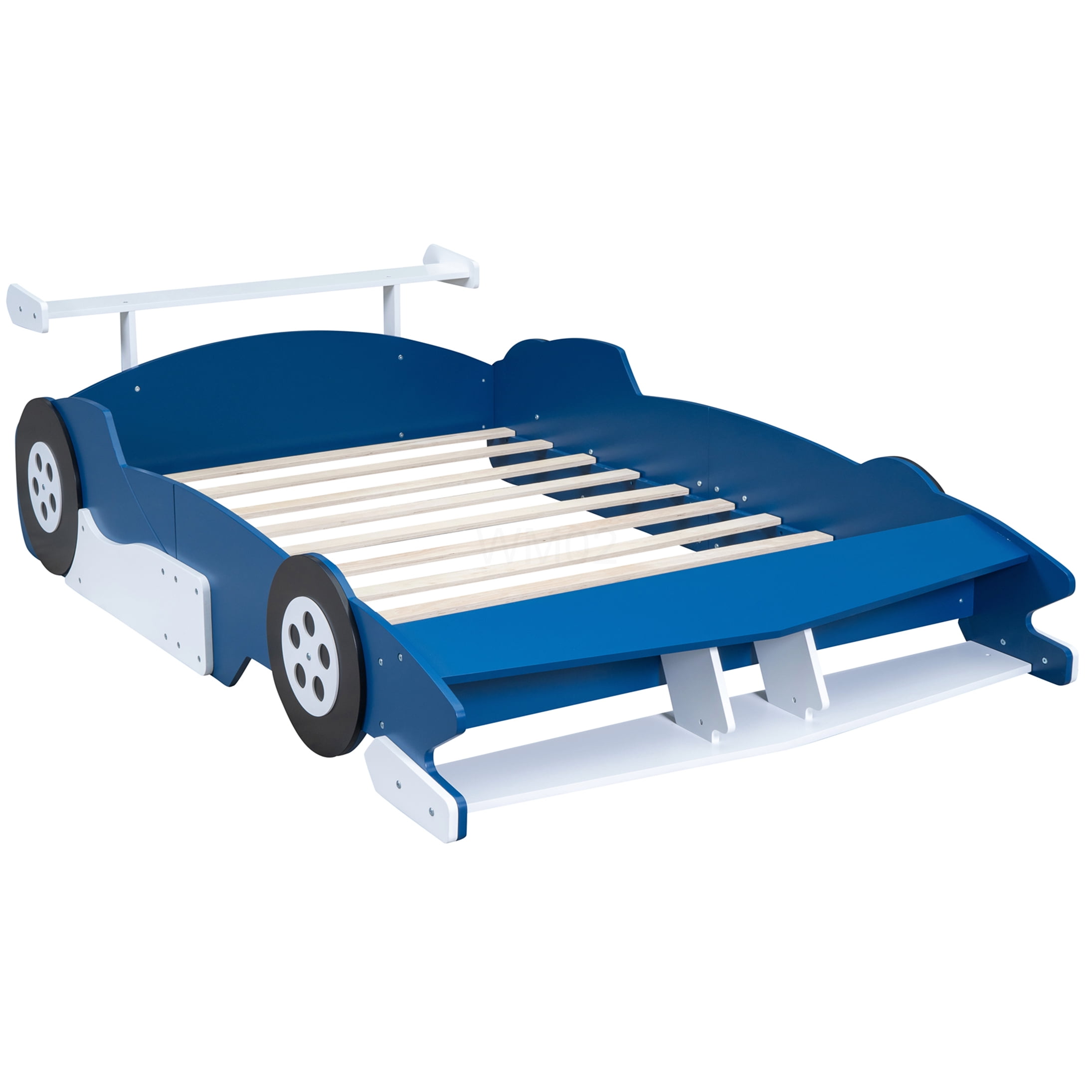 Full Size Race Car Bed with Wheels, Low Profile Platform Frame, Blue Finish, Easy Assembly