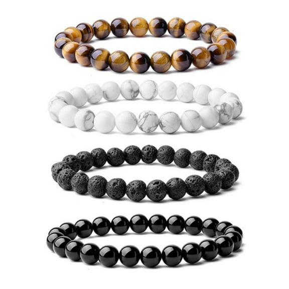 Yesbay 4 Pcs/Set Couple Bracelet Assorted 8mm Round Beads Natural Stones Elastic Stress Relief Men Women Tiger Eye Bracelet Fashion Jewelry