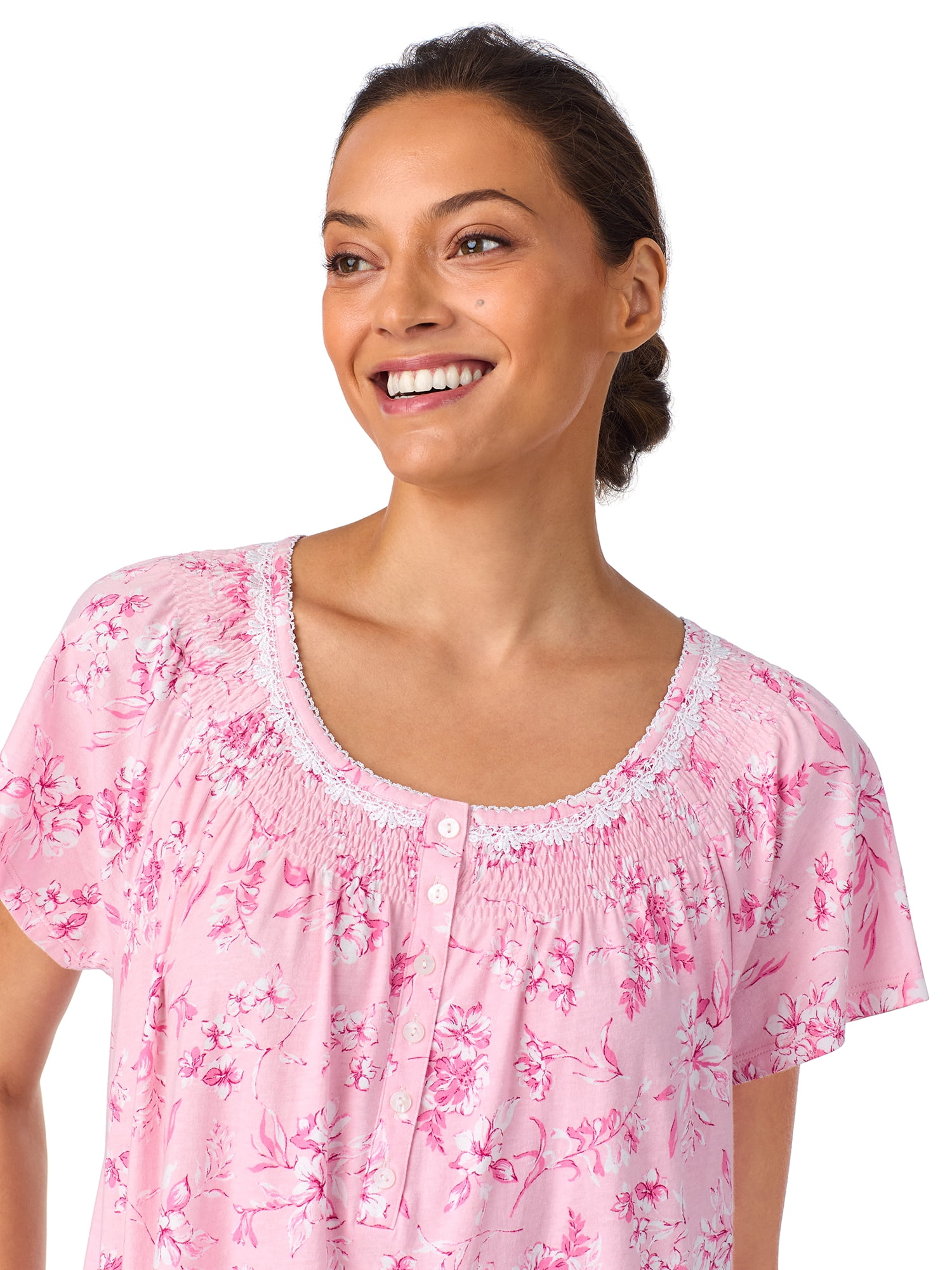 Aria Women's 100% Cotton Raglan Sleeve Smocked Neck 40" Sleepwear Gown, Sizes XS-5X