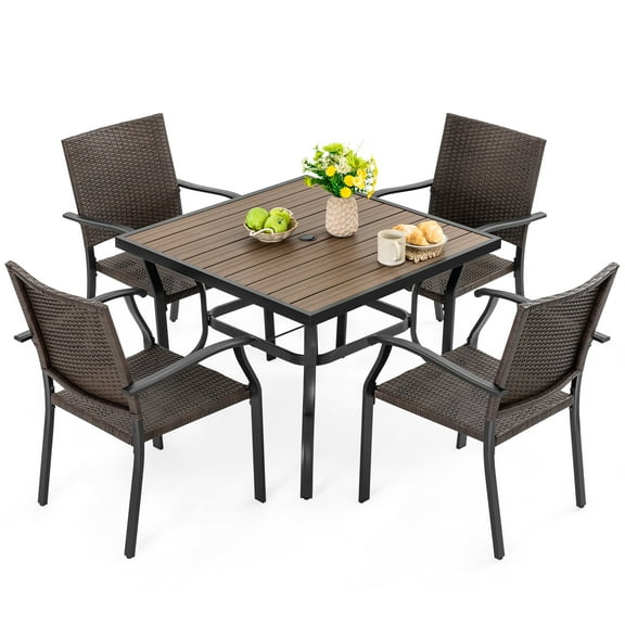 Nuu Garden 5-Piece Outdoor Patio Dining Set - 4 Ergonomic Wicker Chairs & 37'' Square Metal Dining Table with Faux Wood Tabletop and Umbrella Hole, Weather-Resistant Furniture, Black