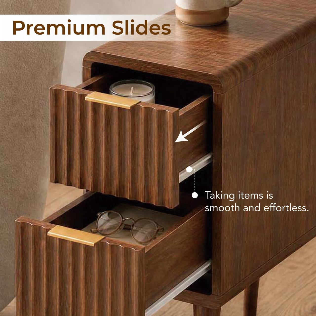 Spruce & Spring Mid-Century Modern Fluted Narrow Nightstands with 2 Drawers & Gold Handles for Bedroom, End Table for Small Spaces, Walnut