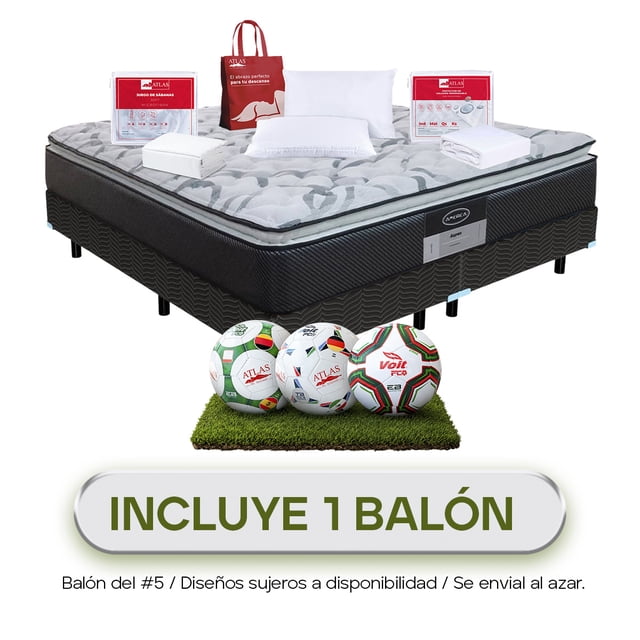 Colchón Mas Box King Size América Aspen + 2 Almohadas Suaves + Protector de Colchón + Juego de Sabanas Blancas Atlas Del Descanso