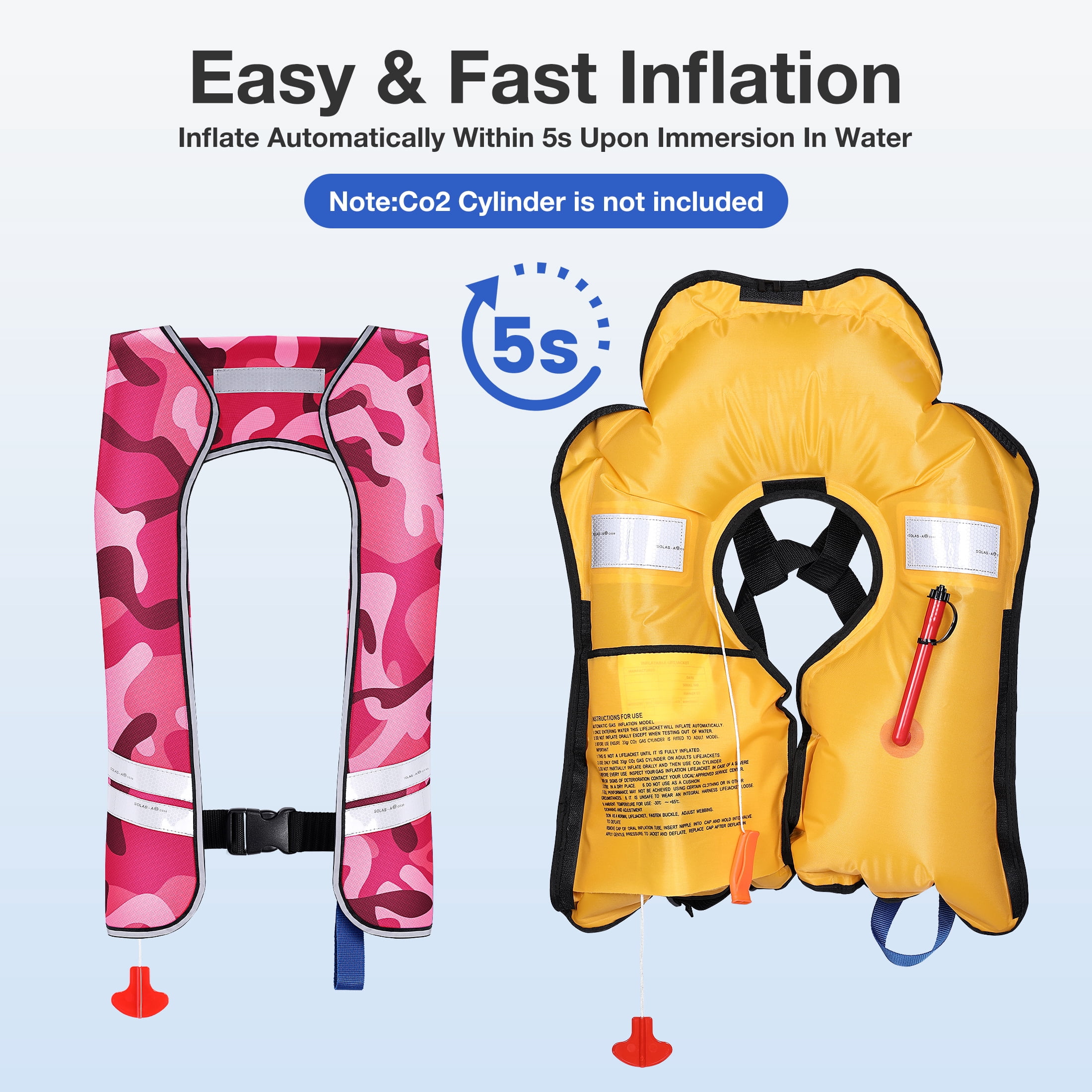 WARMOUNTS Automatic Inflatable Life Jacket w/ 5 Reflectors & Whistle, Adult PFD Survival Buoyancy Vest for Boating Fishing Sailing Kayaking for Men Women Max Waist Size: 50''