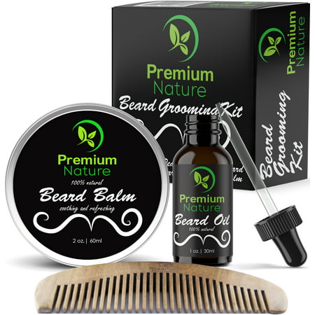Beard Grooming Kit Gift for Him - for Mustache & Beard Growth - Soften Soothe & Moisturize Skin & Hair - Castor Jojoba Almond & More EssentialOils - Premium Nature