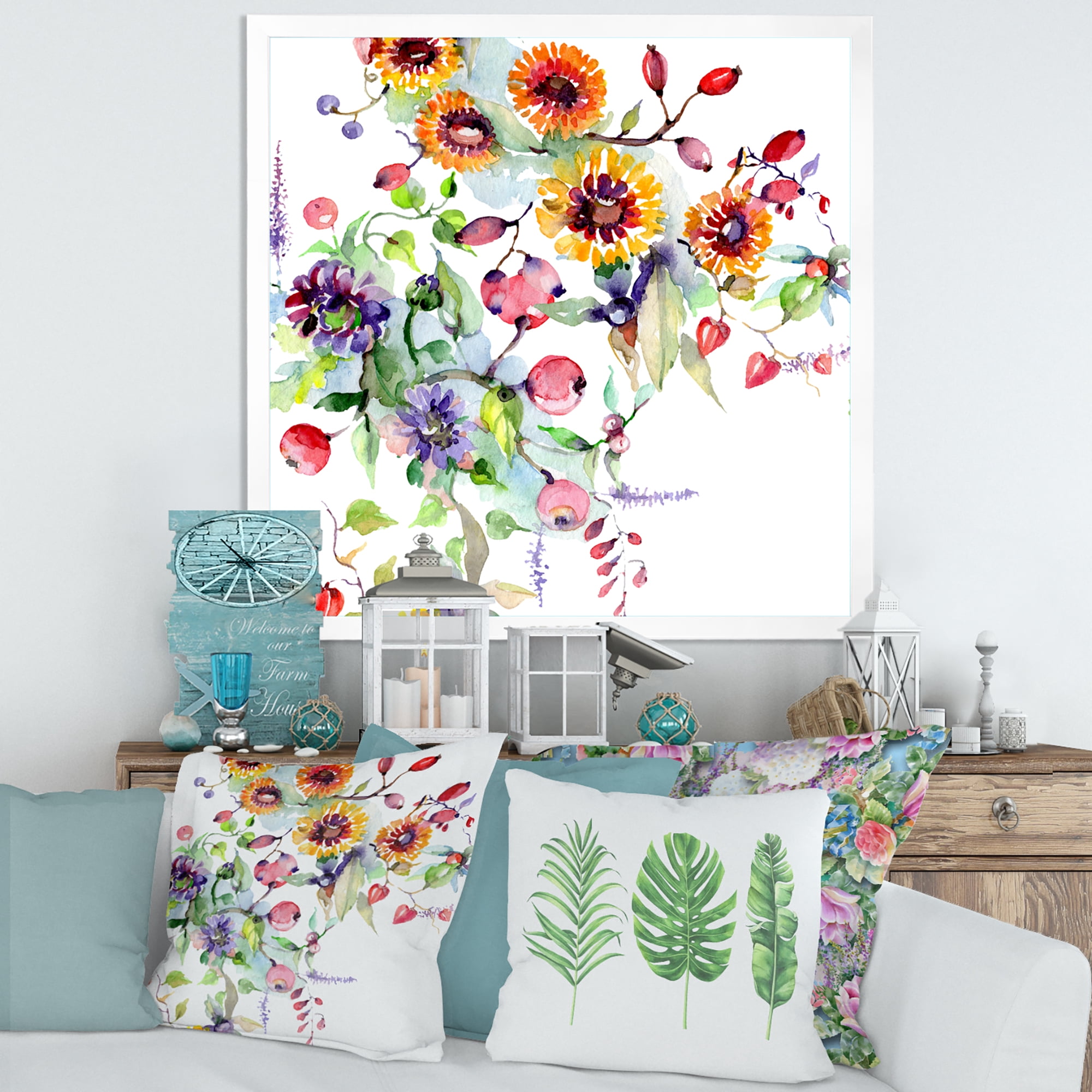 Wildflowers and Vibrant Wild Spring Leaves XI 30 in x 30 in Framed Painting Canvas Art Print, by Designart