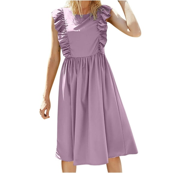 Wycnly Dresses for Women Casual Ruffle Sleeve Smocked Swing Tank Midi Dresses Round Neck Sleeveless Solid Summer Knee-Length Formal Dress Purple XL