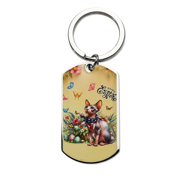 Sphynx Celebrates Spring and Enjoys a Happy Easter Stainless Steel Keychain Cat Lover Kitten Owner Gifts Idea Collar Charm Tag Keyring - 02001