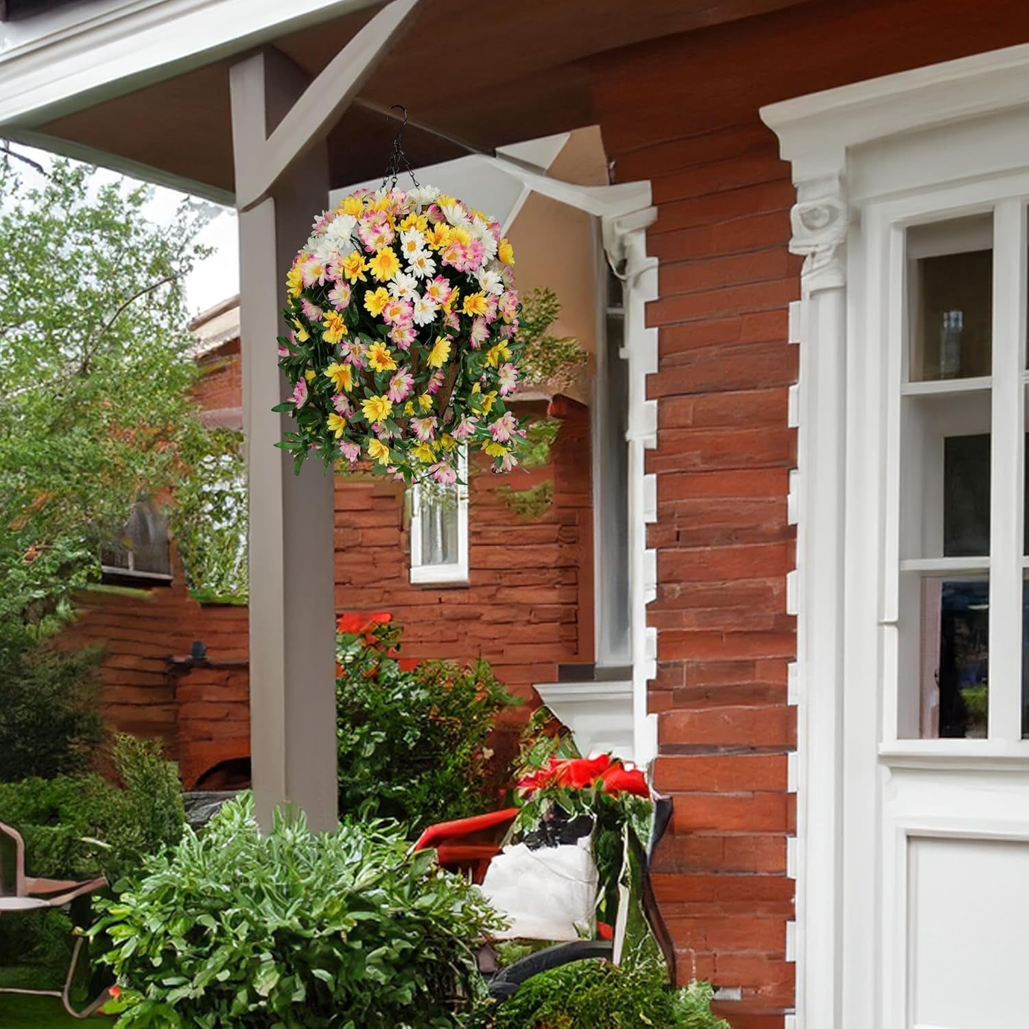 Sympathy Silks Artificial Flowers - Yellow White and Pink Daisies Hanging Basket