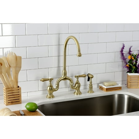 Kingston Brass KS7797BALBS Heirloom Two-Handle 3-Hole Deck Mount Bridge Kitchen Faucet with Brass Side Sprayer in Brushed Brass