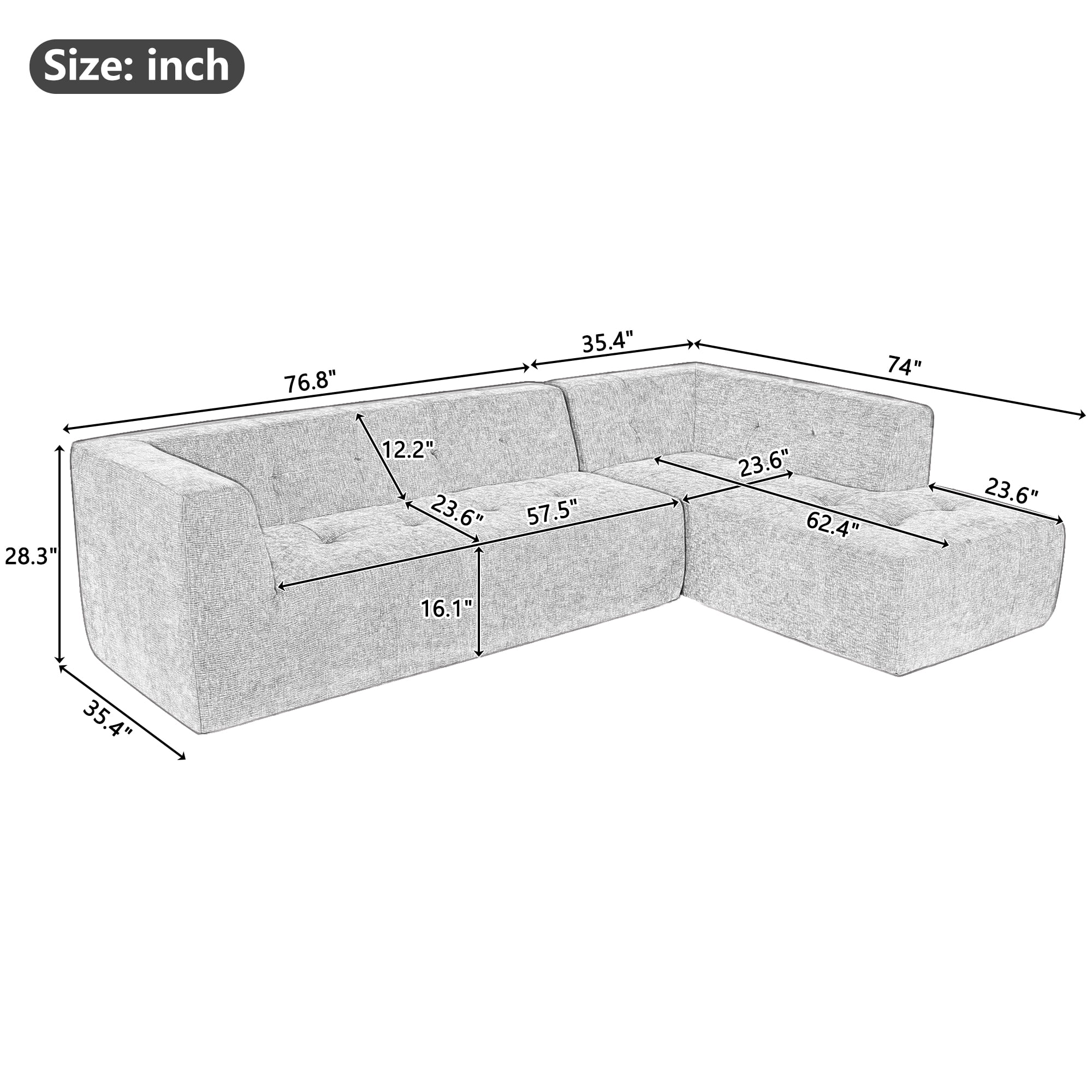 MOONMISS 112.2" Chenille L-Shaped Modern Minimalist Modular Free Combination Living Room Sofa-Light Gray