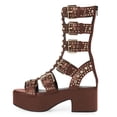 thumbnail image 2 of FSJ Women Platform Studded Mid Calf Gladiator Sandals Open Square Toe Buckle Block Heels Summer Dress Party Zipper Shoes Size 8 Brown, 2 of 2