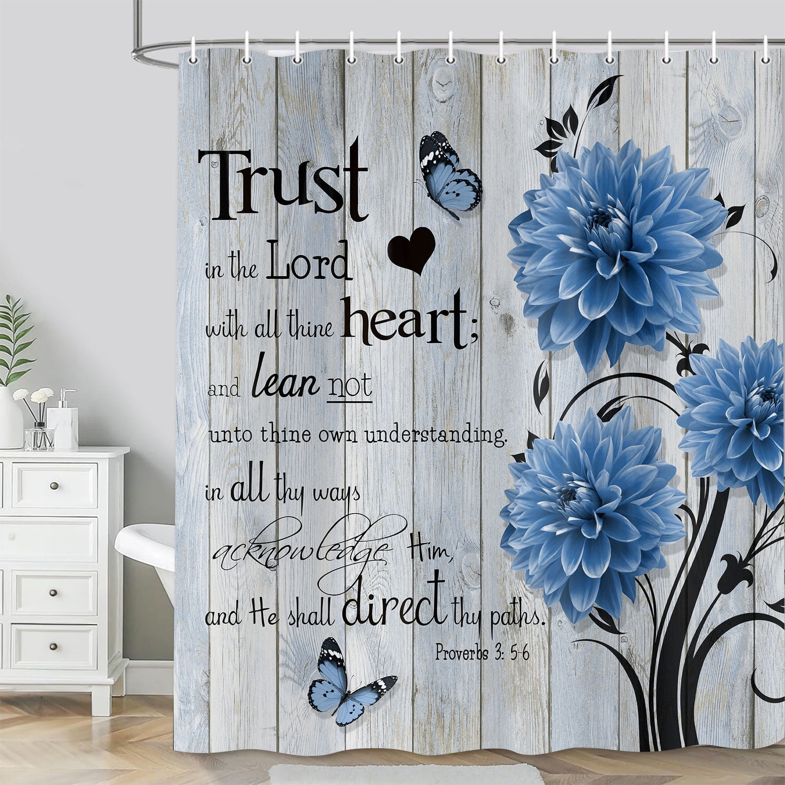 Farmhouse Flower Butterfly Bathroom Curtain, Rustic Blue Floral Dahlia Wooden Shower Curtain, Inspirational Quote Bath Curtain, Washable Fabric Shower Curtain Set with Hooks 72X84in