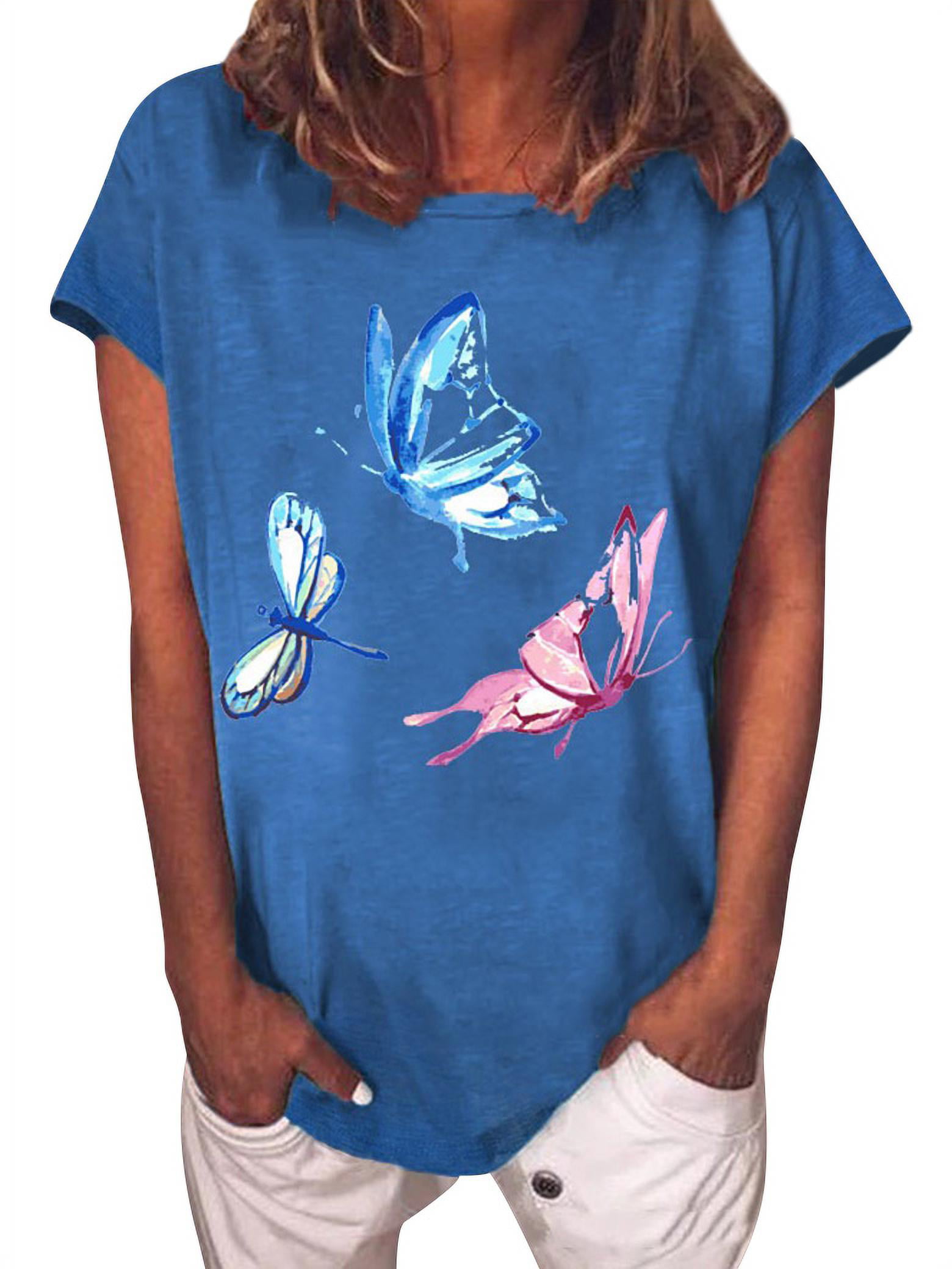 Twzh Women Butterflies Dragonfly Print Crew Neck Short Sleeve T Shirt