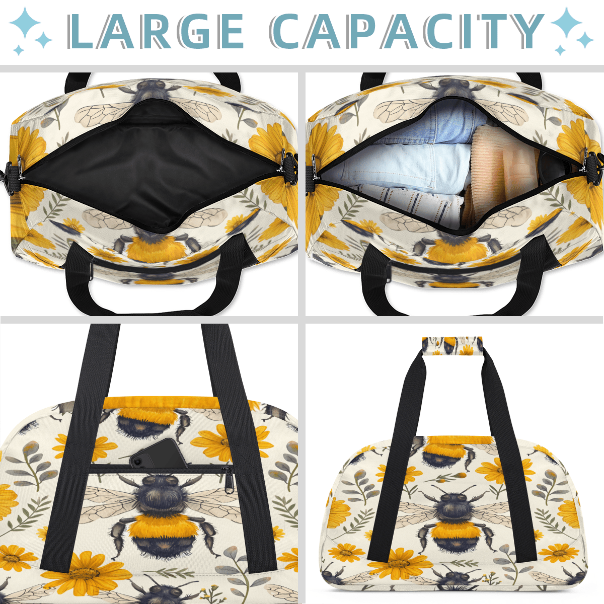 Herdesigns Cute Bee Sports Duffle Bag for Women & Men, Floral Bee Gym Bag Dance Bag Overnight Bag Carry On Weekender Travel Bag